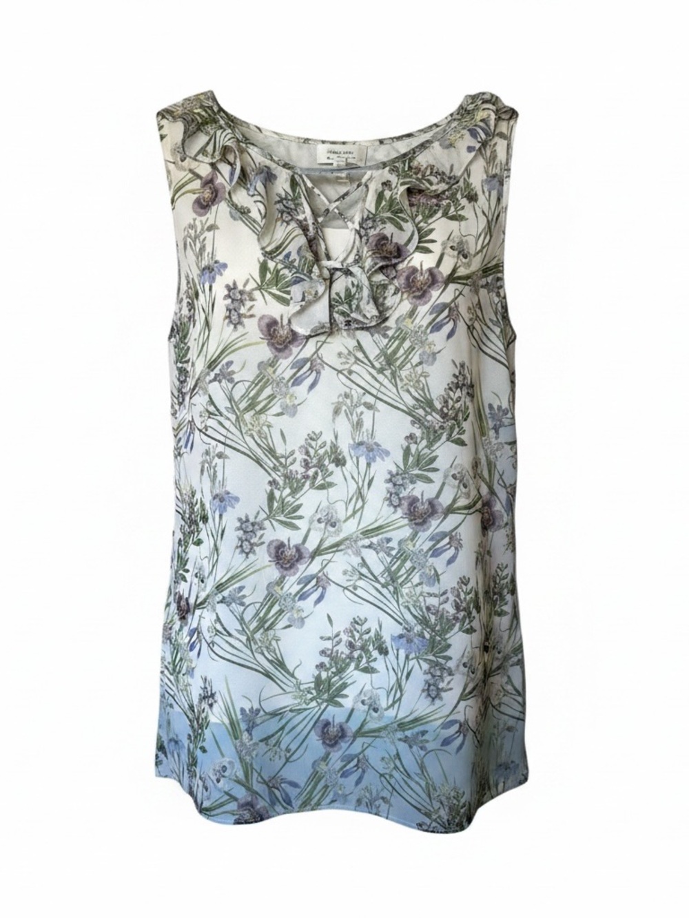 Max Studio White Floral Ruffle Neck Sleeveless Top